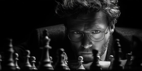 Intense Chess Master in Dark Room