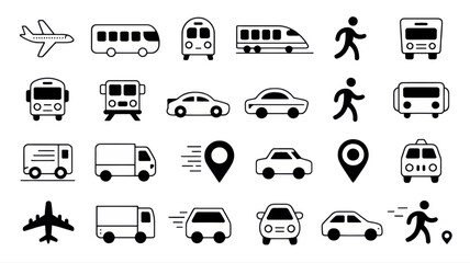 Collection of various transportation icons including cars buses trains planes and walking figures outlined in black silhouette