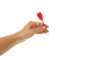 A person grips a red dart with intent to throw, isolated on white, PNG