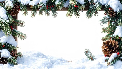 Snowy fir frame with pinecones & red berries on white