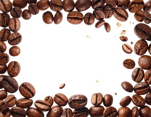 Roasted coffee bean frame on white, rectangular space