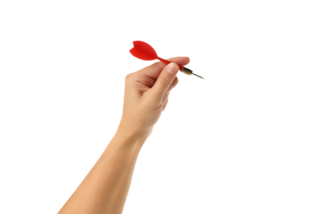Hand grips a red dart ready for a game, isolated on white, PNG