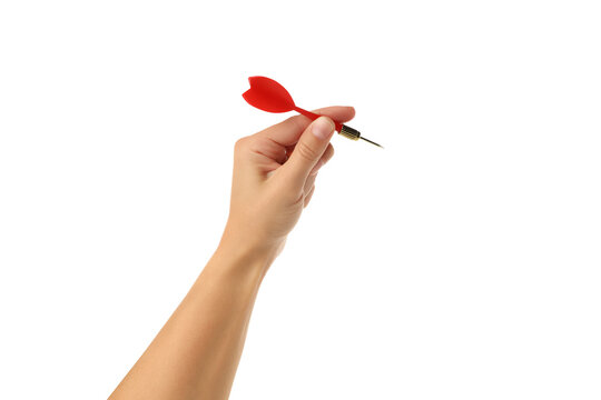Hand grips a red dart ready for a game, isolated on white, PNG