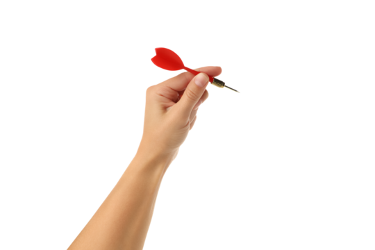 Hand grips a red dart ready for a game, isolated on white, PNG