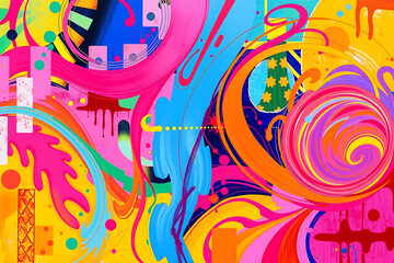 A bright and lively abstract composition filled with swirling shapes, layered brush strokes, drips, and splashes of vivid color. Ideal for modern design layouts, posters, print materials, and creative