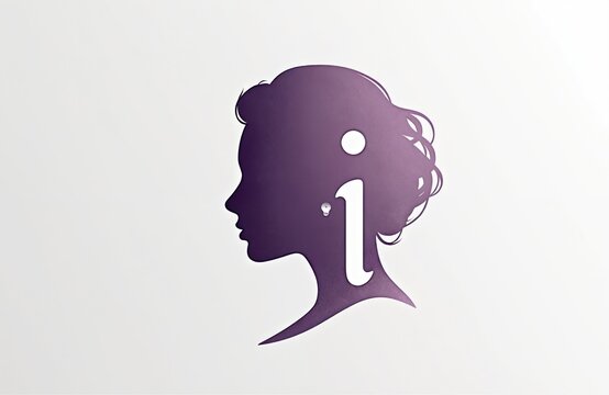 Elegant purple silhouette of woman profile integrates letter i and dot. Stylized hair forms artistic design. Suggests beauty salon logo or personal branding.