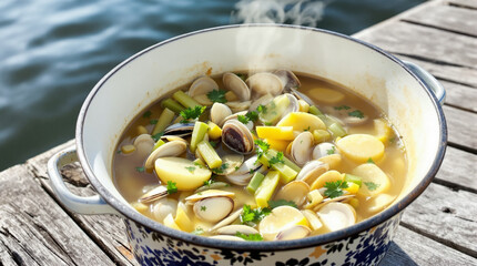 Steaming Pot of Seafood Stew with Vegetables on a Wooden Deck by the Water healthy eating