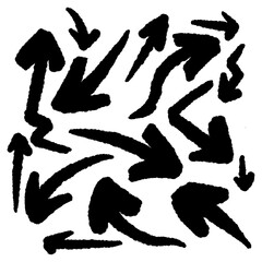 Directional arrow black paint vector set. Ink drawing grunge pointer. Isolated arrow bundle textured sketch style