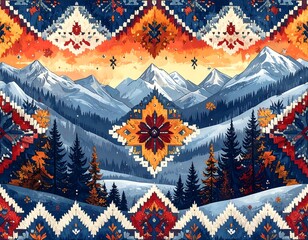 A vibrant, colorful landscape of snowy mountains framed by detailed patterned borders. Pine trees and a sunset glow