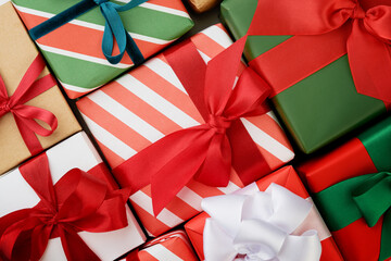 Many Christmas gift box with copy space for text, Christmas card design. Idea for Christmas advent calendar. Concept of preparation to tradition gift giving