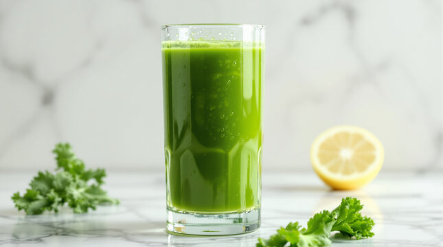 Vibrant Green Juice in Tall Glass with Fresh Greens and Lemon Slice on Marble Surface healthy eating