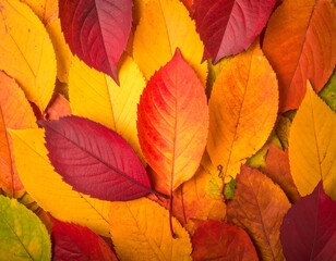Fototapeta premium Colorful leaves in autumnal hues of red, orange, yellow, and green form a textured display