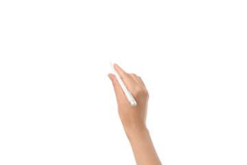 A hand grips a pen above a blank surface, isolated on white, PNG