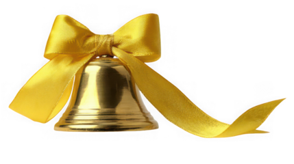 Golden bell with a yellow ribbon bow, isolated on transparent background