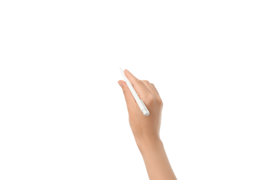 A hand grips a pen above a blank surface, isolated on white, PNG