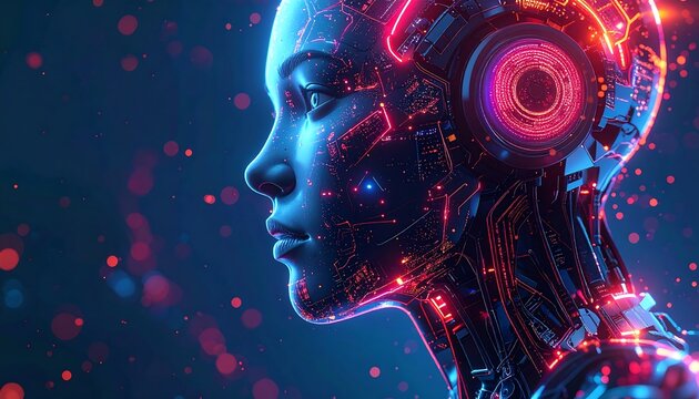 Digital woman's profile, illuminated circuits on her head, face in a sleek, robotic aesthetic with vibrant neon highlights