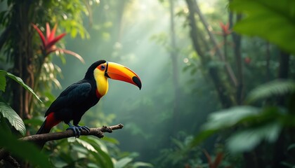 Fototapeta premium Vibrant toucan perches on branch in rich rainforest. Intense sunlight filters through dense foliage creating dramatic backdrop. Bird displays brilliant yellow, black plumage against green