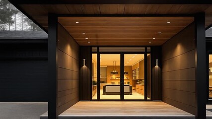 Modern Black Cabin Exterior In Misty Forest Setting