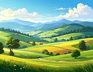 Fototapeta premium A rural landscape background of rolling hills and mountains. Fields, farm land and