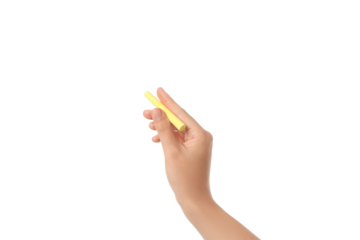 Hand holds yellow chalk for teaching, isolated on white, PNG