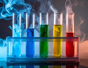 Five test tubes in a rack each containing differently colored solutions, surrounded by billowing vapor