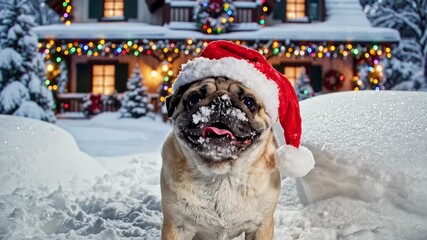 playful pug in holiday attire in fresh snow, cheerful dog with santa hat enjoying winter wonderland outdoors, brightly lit cottage with joyful dog in festive clothing frolicking in snow. - Powered by Adobe