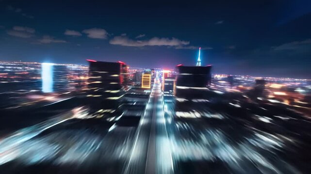 Nighttime city hyperlapse tears across the skyline as lights streak into living highways; a kinetic travel vibe ideal for destination teasers, event openers, tourism ads, city branding,