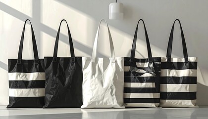 Five tote bags, various colors and patterns, standing against a neutral wall. Sunlight casts shadows