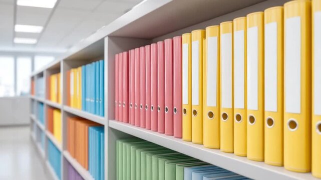 Colorful Office Binders Organized in a Modern Workspace with Sunlight Filtered Through Large Windows Enhancing Productivity and Atmosphere 4k video footage