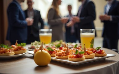 Close up of appetizers and drinks on a table during a networking event, with blurred business people socializing in the background. High quality
