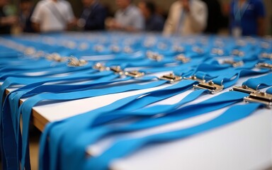 Many blue lanyards, name tags arranged on table. Event preparation underway. Indoor setting. Potential for business meeting. Rows of lanyards. Ready for attendees. Professional event meeting. Neatly