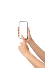 Person interacts with a blank smartphone screen, isolated on white, PNG