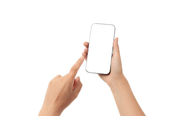 Hand points at a blank smartphone screen, isolated on white, PNG