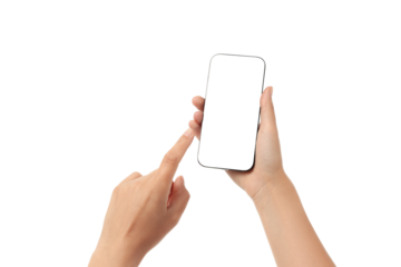 Hand points at a blank smartphone screen, isolated on white, PNG