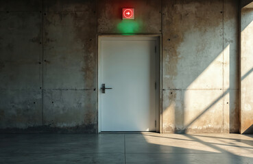 Obraz premium White door with red illuminated exit sign above. Concrete walls and floor create industrial ambiance. Sunlight streams through an unseen window, casting geometric shadows across the scene.