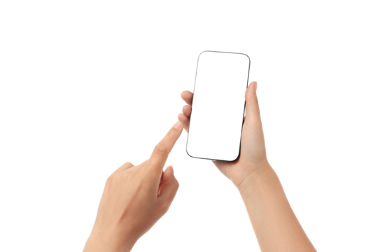 Hand points at a blank smartphone screen, isolated on white, PNG