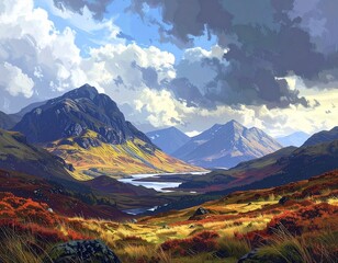 The Scottish Highlands skyline, as depicted in this digital illustration, captures