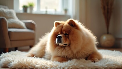 Fluffy golden chow chow dog rests on white rug in cozy living room. Natural light warms the serene domestic pet relaxing on soft carpet near armchair. Companion animal enjoys quiet comfort at home.