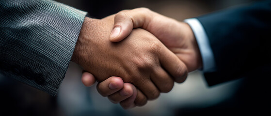 Obraz premium Executive hands locking in a successful agreement, clean table surface with contract sheets visible.