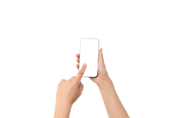 A person interacts with a blank smartphone screen, isolated on white, PNG