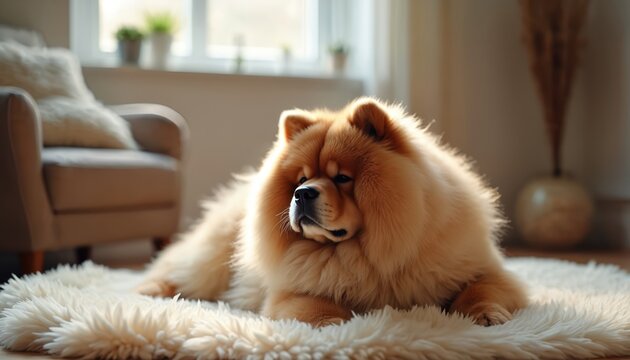 Fluffy golden chow chow dog rests on white rug in cozy living room. Natural light warms the serene domestic pet relaxing on soft carpet near armchair. Companion animal enjoys quiet comfort at home.