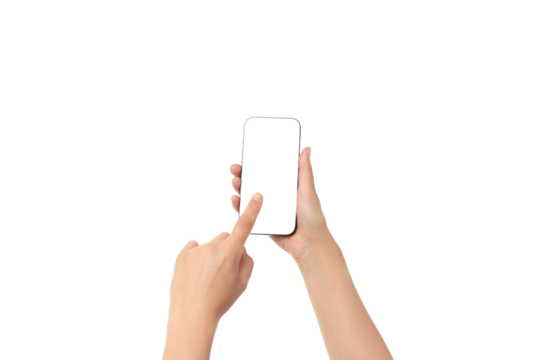 A person interacts with a blank smartphone screen, isolated on white, PNG
