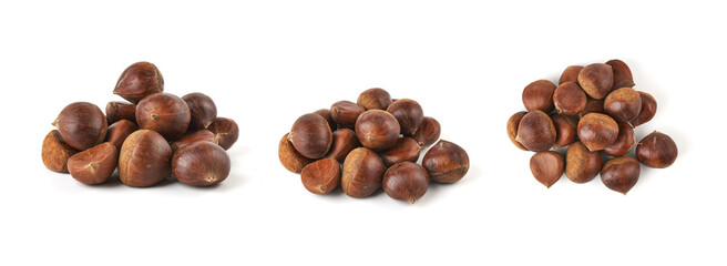 heap of chestnuts isolted on white background, three types of view