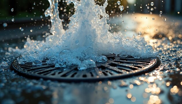 Illustration presents water pouring into storm drain. Rushing water with bubbles and spray. Urban infrastructure with metal grate and wet surface. City landscape environment.