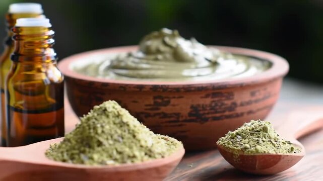 Henna paste and powder ingredients, oil, used for hair, on a wooden surface, with a green natural background