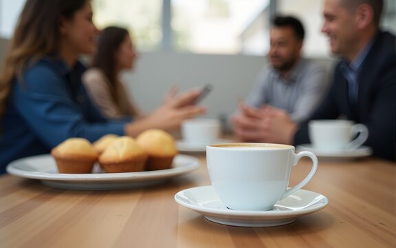 A cup of latte and muffins on a table. Business people networking in the blurred background during a corporate meeting break or cafe gathering. High quality