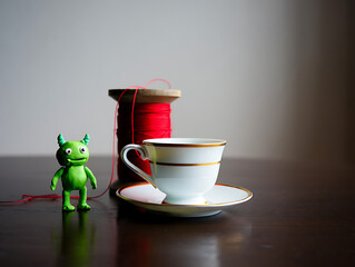 A whimsical still life of a tiny green monster figurine next to a teacup and a spool of red thread.