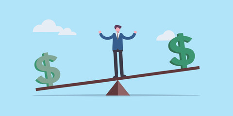 Businessman balancing on a seesaw with dollar signs financial stability