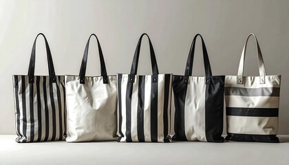 Five tote bags with black handles and varying vertical stripe or solid designs, displayed against a light-gray background