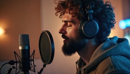 Musician focuses on lyrics while wearing headphones near a microphone. He practices vocals in a recording studio setting. The setup includes pop filter and pro equipment for audio capture.